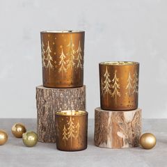 Etched Trees Mercury Glass Candle Holder