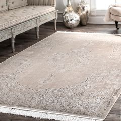 Faded Medallion Fringed Beige Area Rug