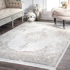 Faded Medallion Fringed Ivory Area Rug