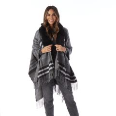 Faux Fur Trim Plaid Fringed Cape