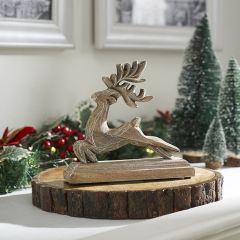 Feathered Finish Rustic Wood Reindeer Figurine