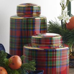 Festive Tartan Plaid Lidded Decorative Jar 12 Inch