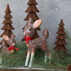Flocked Brown Retro Deer Figure Set of 2