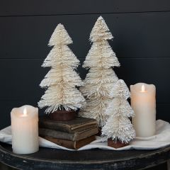 Flocked Cream Layered Bottlebrush Tree Set of 3