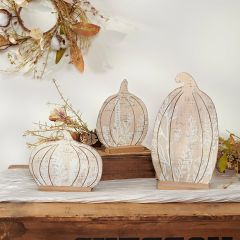 Floral Accented Wood Pumpkin Standup Set of 3