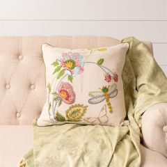 Floral and Dragonfly Embroidered Accent Pillow