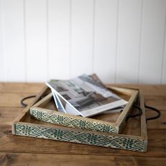 Floral Pattern Handled Mango Wood Trays Set of 2