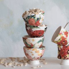 Floral Stoneware Footed Bowl Set of 4