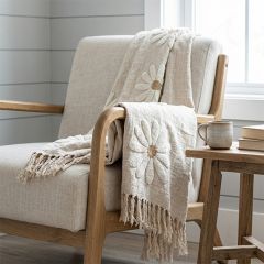 Flowers and Fringe Natural Cotton Throw Blanket