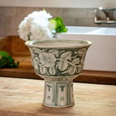 Footed Green and White Floral Stoneware Planter