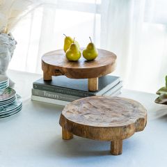 Footed Round Teak Wood Display Riser Set of 2