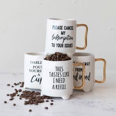 Footed Stoneware Sayings Mug Set of 4