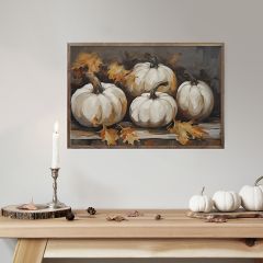 Four White Pumpkins With Leaves Black Wall Art