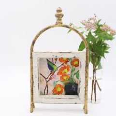 Framed Floral Wood Art on Metal Stand