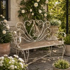 French Country Scrollwork Wooden Seat Garden Bench