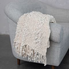 Fringed Cable Knit Natural Cotton Throw Blanket