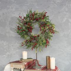 Frosted Mixed Pine With Red Berries Wreath 24 Inch