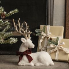 Furry Cream Felt Deer With Bow Figure