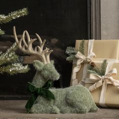 Furry Green Felt Deer With Bow Figure