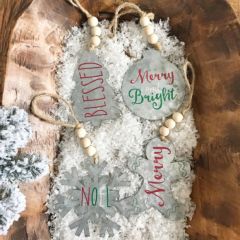 Galvanized Metal Christmas Word Ornaments Set of 4