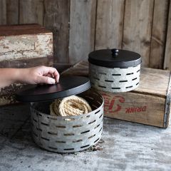 Galvanized Metal Perforated Lidded Canisters Set of 2