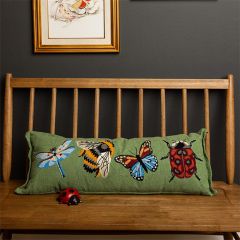 Garden Bugs Embroidered Green Canvas Lumbar Pillow