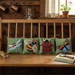 Garden Bugs Embroidered Green Canvas Mini Pillows Set of 4
