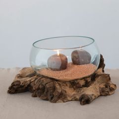 Glass Display Bowl on Teak Wood Base