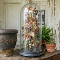 Glass Dome Cloche On Base With Metal Flowers