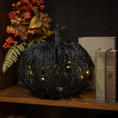 Glittered Lighted Black Rattan Pumpkin