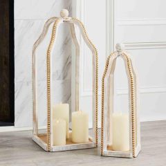 Gold Beaded Whitewashed Wood Candle Lantern Set of 2