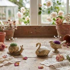 Gold Finish Animal Pin Cushion with Pearl Head Pins Set of 3