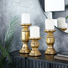 Gold Finish Turned Wood Candle Holder Set of 3