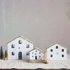 Gold Foil Trimmed Mache House Set of 3