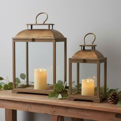 Gold Top Wooden Lantern Set of 2