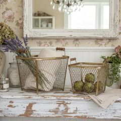 Gold Wire Basket With Wood Handles Set of 2