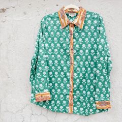 Green and White Floral Block Print Button Down Top