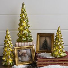 Green Glittered Glass Lighted Snowy Trees Set of 3
