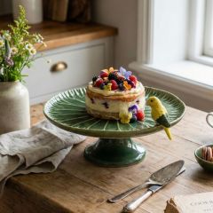 Green Stoneware Cake Pedestal with Bird
