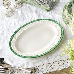 Green Trim Embossed Ceramic Oval Platter