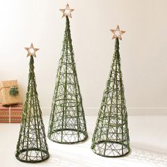 Green Willow Cone Tree With Star Set of 3