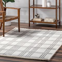 Grey Plaid Fringed Area Rug