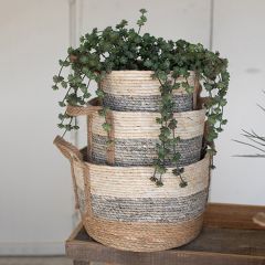 Grey Stripe Round Storage Tote Set of 3