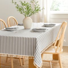 Grey Stripe Tasseled Tablecloth