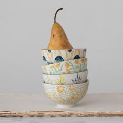 Hand Stamped Floral Stoneware Bowl Set of 4
