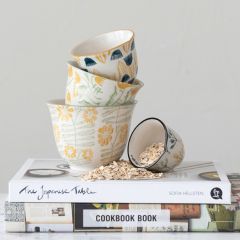 Hand Stamped Floral Stoneware Measuring Cups Set of 4