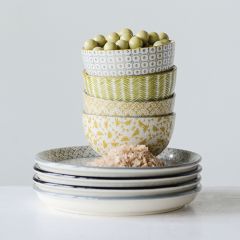 Hand Stamped Patterned Stoneware Bowls Set of 4