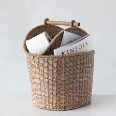 Hand Woven Basket With Wood Handle
