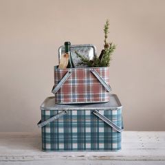 Handled Plaid Metal Box Set of 2