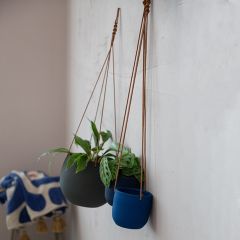 Hanging Stoneware Planter with Leather Rope Hanger